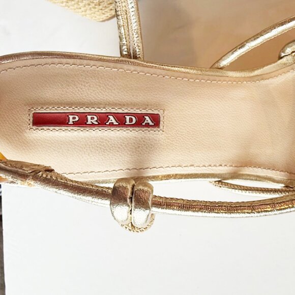Prada Sport Gold Leather Platform Espadrille Wedge Sandals, Size 10.5 - Picture 3 of 8